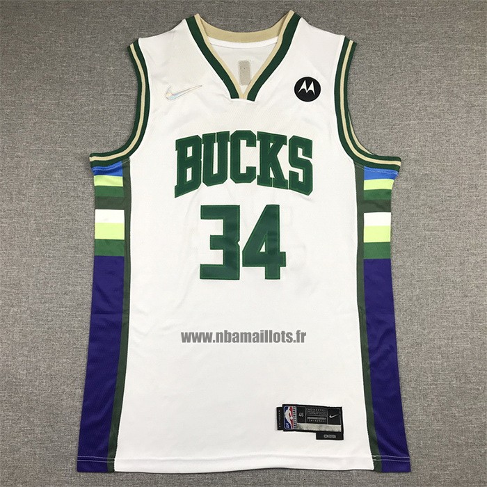 Maillot Milwaukee Bucks Giannis Antetokounmpo NO 34 Ville 2021-22 Blanc
